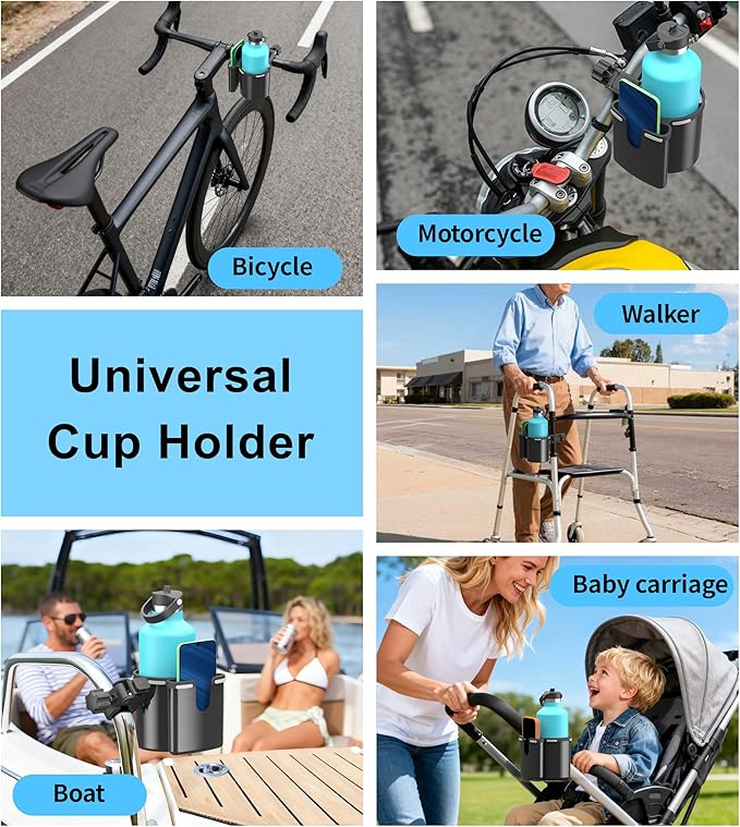 Universal Clamp-on 2-in-1 Cup Holder & Phone Holder for Stroller, Walker, Wheelchair, Fits 12oz-40oz Drinks, Multifunctional Storage Organizer, Pack of 2