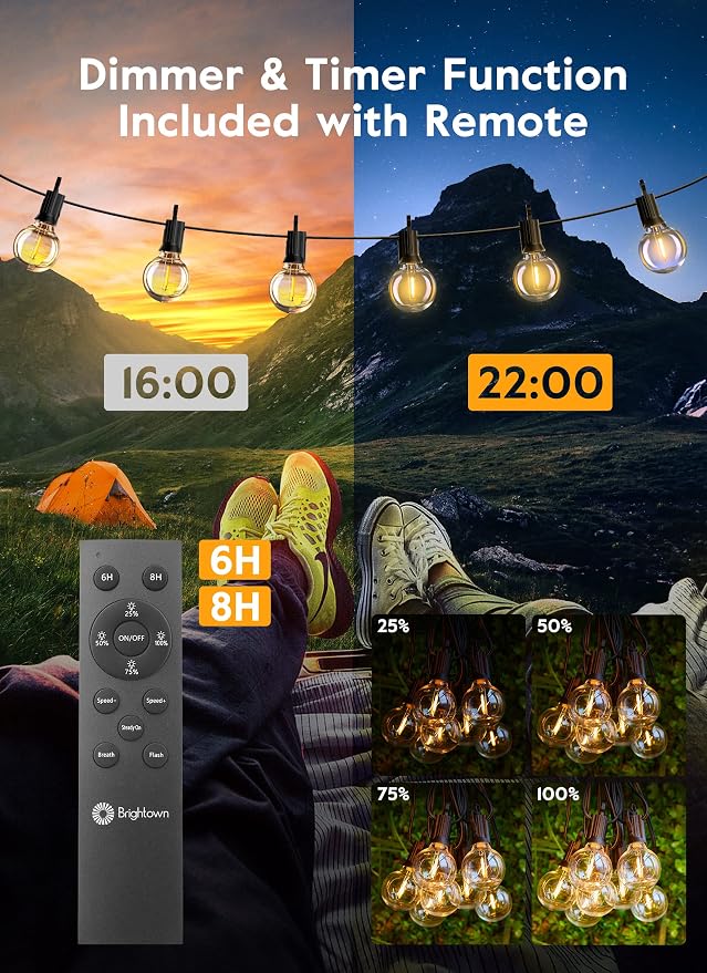 Brightown Outdoor String Lights, 38FT 15 Shatterproof LED Bulbs with Remote, Waterproof Dimmable Patio Hanging Lamps for Porch, Balcony, Bistro, Cafe, Deck, Backyard