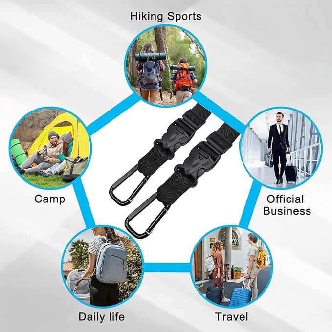 2 Pack Add a Bag Luggage Straps - Adjustable Suitcase Belts Travel Accessories - Jacket Gripper Arm Saver Easy to Carry Your Extra Bags (Black,Four Hooks)