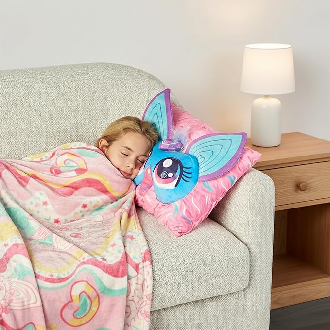 Northwest Furby Wavy Pink Furby Silk Touch Throw Blanket 50 x 60 Inches with Plush Pocket Pillow 14 x 20 Inches - Comfy & Cozy Blanket & Pillow Set for Boys and Girls