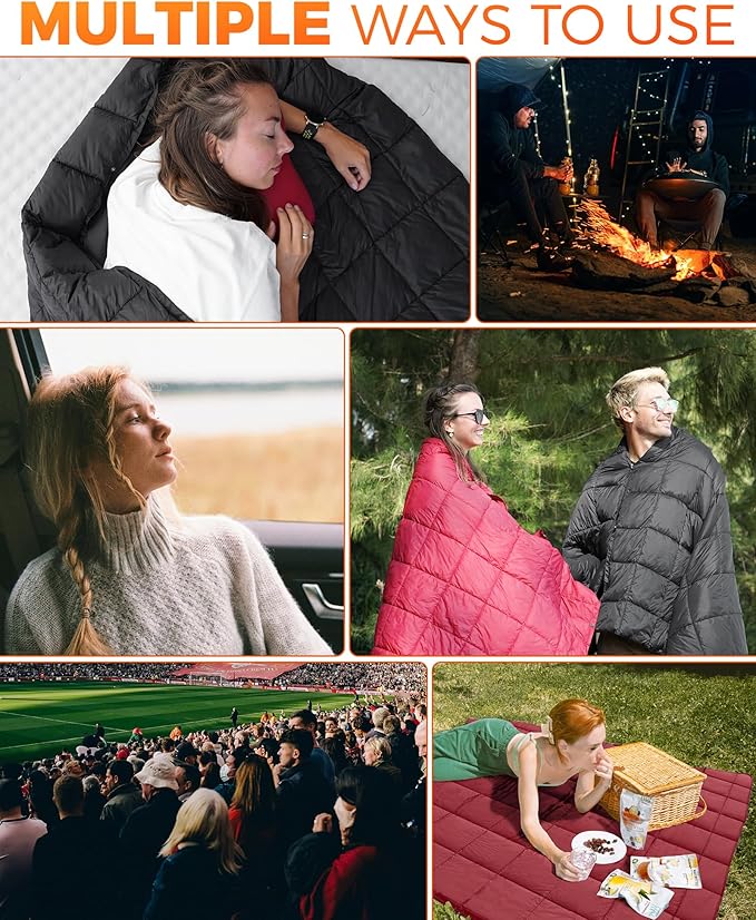 KingCamp Ultralight Camping Blanket, Packable Down Alternative Puffy Wearable Blankets Weatherproof Warm Package Quilt with Snap Buttons for Outdoor Hiking Travel Picnic Stadium (78.7" L x 56.7" W)