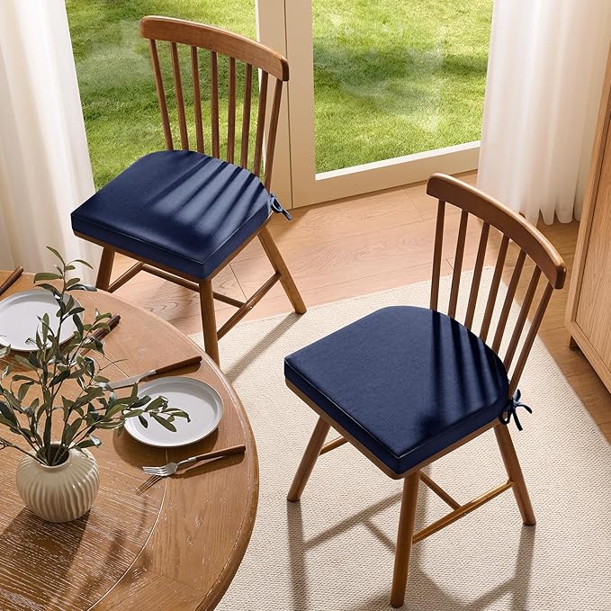 downluxe Chair Cushions for Dining Chairs, Memory Foam Linen Kitchen Chair Pads with Ties, Waterproof, Stain-Resistant and Washable Cover, 17" x 16" x 2.5", Blue, 2 Pack
