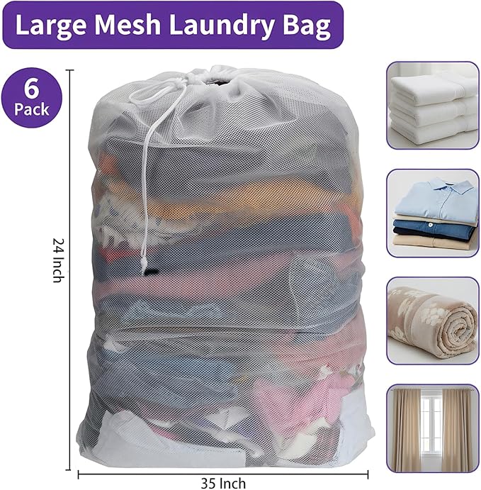 Nicunom 6 Pack Mesh Laundry Bag with Drawstring Closure, 24" x 36" Heavy Duty Extra Large Laundry Bags for Travel, Storage, College, Dorm and Apartment Dwellers, Machine Washable