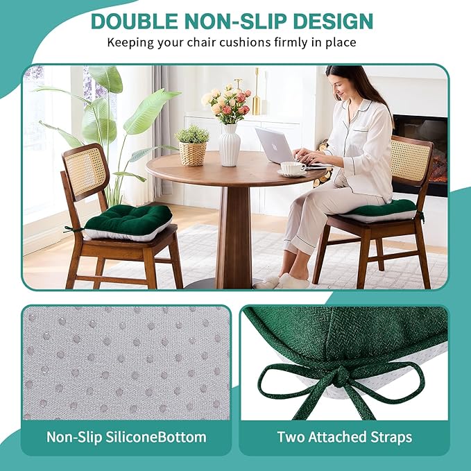 BETU Chair Cushions for Dining Chairs Set of 4,3.5" Thick Kitchen Table Chair Pads with Ties,Non Slip Backing and Covers, Seat Cushion for Dining Room,Bar,Patio Chairs,16"X16"X3.5",Dark Green
