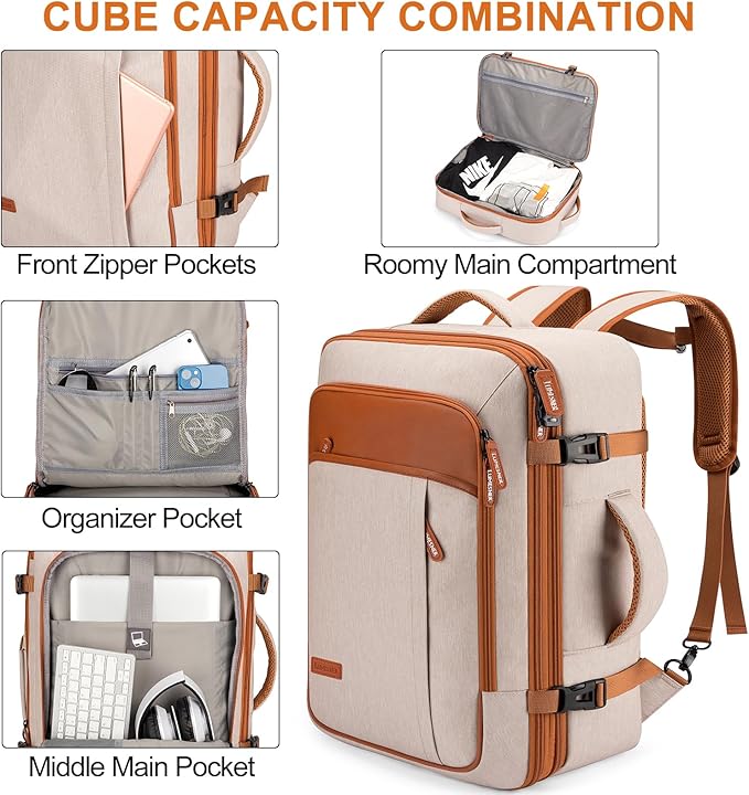 Lumesner Carry on Travel Backpacks, Extra Large 40L Flight Approved Bag for Men & Women,Expandable Suitcase Backpack With 4 Packing Cubes,Water Resistant Luggage Daypack Business Weekender Bag, Beige