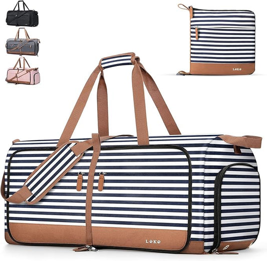 Lekesky Foldable Travel Duffle Bag for Women, Large Duffel Bag with Separate Shoes Compartments & Straps, Carry On Weekend Bag for Women, Hospital, Overnight (Blue Stripe, 150L)