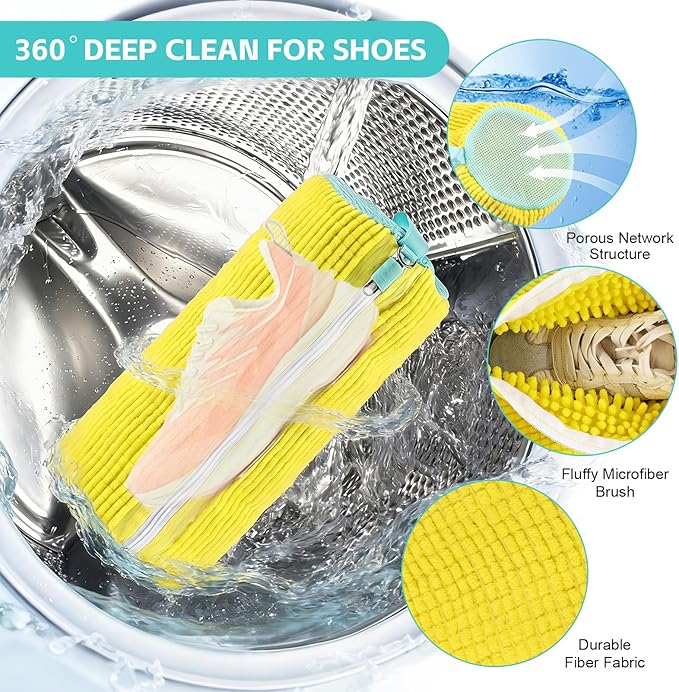 Shoe Washing Machine Bag 4pcs Reusable Sneaker Washing Bag with Built-in Fluffy Brushes for 360° All-Around Cleaning. Laundry Shoe Bag is Designed for Washer and Dryer （Yellow 4pcs）