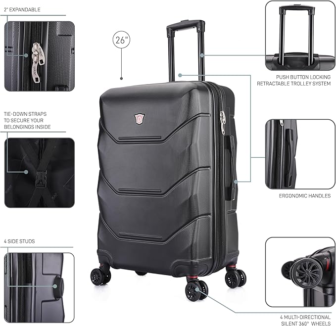 DUKAP ZONIX Luggage with Spinner Wheels | Durable Lightweight Hardside Suitcase, Spacious Travel Bag with Handle and Trolley | 26 Inch Medium Checked Luggage | Black