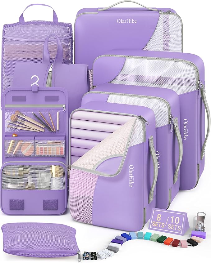 8 Set Packing Cubes for Travel, Gifts for Women Mom,Anti-Tearing Suitcase Organizer for Luggage with Shoe & Hanging Toiletry Bag,OlarHike Vacation Essentials & Accessories for Cruise Ship