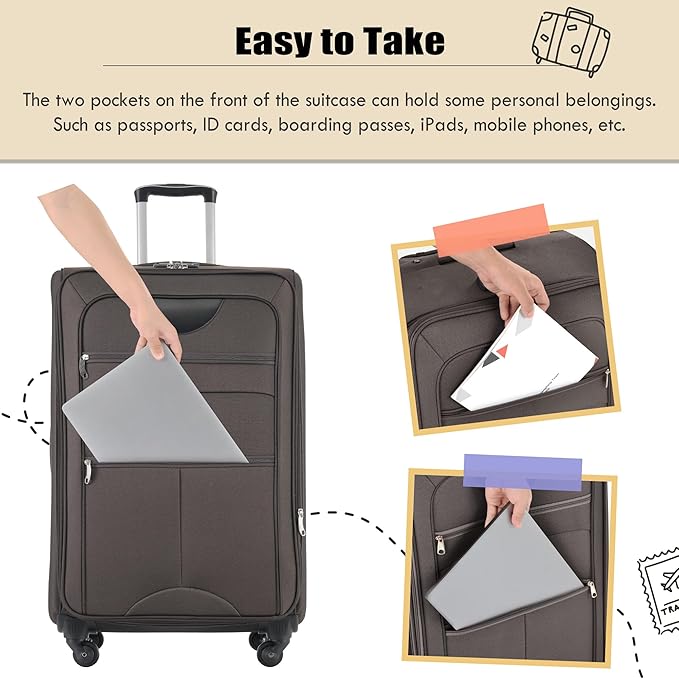Brown 5 Piece Softside Luggage Sets, Expandable Lightweight Suitcase Sets Double Softshell Spinner Wheels Travel Luggage Set for Women and Men