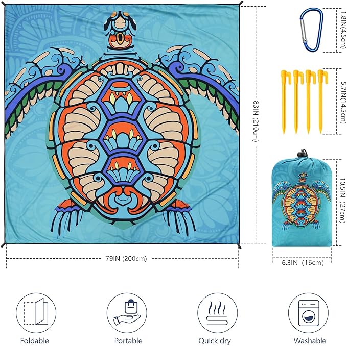 Beach Blanket Sandproof Extra Large Beach Mat Adults Waterproof Quick Drying Sand Free Mat Made by Premium Polyester with 4 Stakes & 4 Corner Pockets for Outdoor Travel Camping Hiking