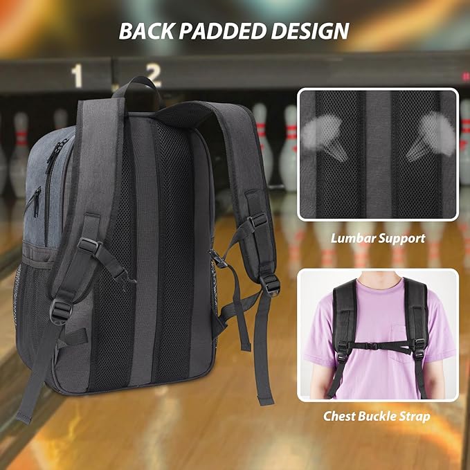 Bosynoy Bowling Backpack, Bowling Ball Bag Totes for Single Ball with Shoe Compartment & Foam Padded, Fits Shoes Up to US Mens Size 16, Grey