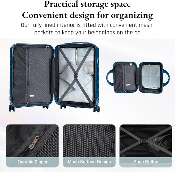 2-Piece ABS Hard Shell Lightweight Carry-On Luggage Set (14" & 20"), 360-Degree Spinner Wheels, Adjustable Telescopic Handle and Combination Lock for Travel, Dark Blue