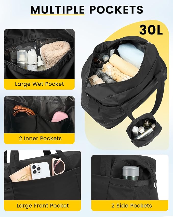 Vorspack Duffle Bag for Travel - 30L Gym Bag for Women Men Personal Item Travel Bag with Shoe Pocket Toiletry Bag Lightweight Carry On Bag for Weekender Overnight Sports - Black