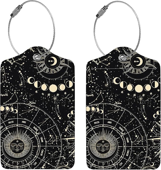 2 Pcs Luggage Tags for Suitcase, Cute Unique PU Leather Travel Bag Tag with Privacy Cover ID Label Address Card and Durable Metal Ring Suitable for Men Women Children Backpack,Cosmic Constellation