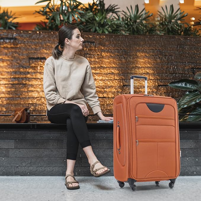 Softside 3 Piece Luggage Sets, Expandable Lightweight Suitcase Sets Double Softshell Spinner Wheels Travel Luggage Set for Women and Men (Orange, 3-Piece Set)
