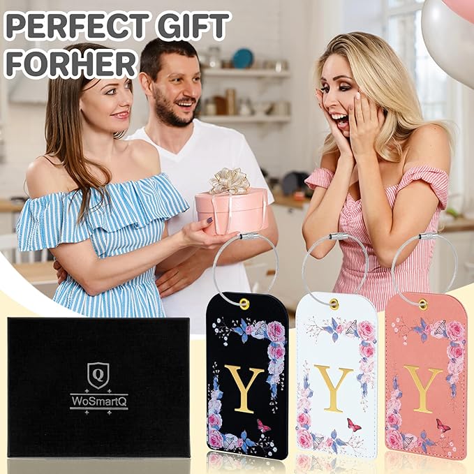 3 Pack Luxury Floral Luggage Tags, Durable PU Leather Suitcase Tags with Stainless Steel Cable Strap, Hidden ID Slot for Privacy Protection, Easy to Identify Waterproof Travel Accessories Gift (Y)
