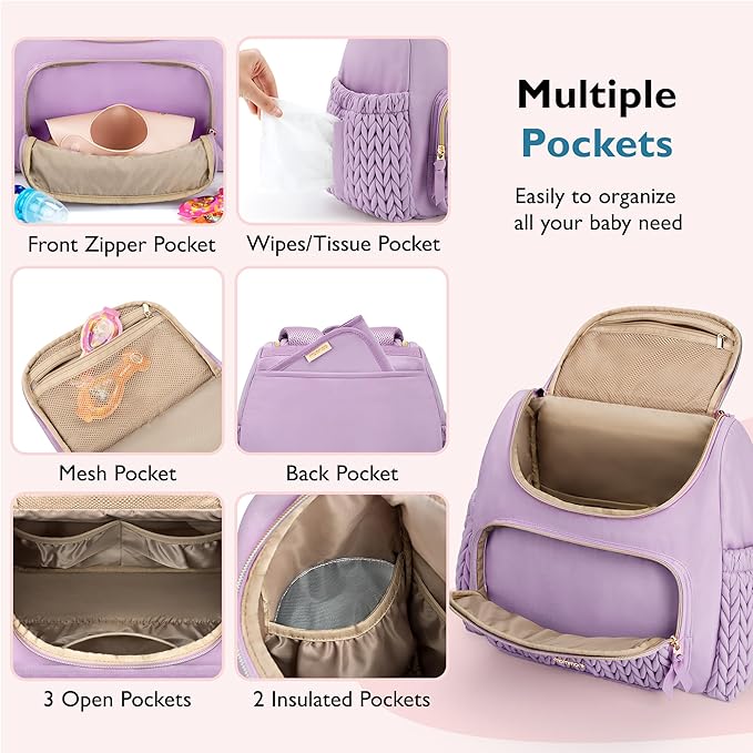 mommore Diaper Bag Backpack, Stylish Travel Baby Bag with Insulated Pockets, Changing Pad and Stroller Straps for Toddler (S-Purple, Small-17L)