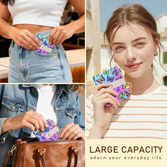 Jogjam Butterfly Rfid Women Wallet, Small Slim Thin Credit Card Wallet, PU Leather Bifold Cash Zipper Coin Pocket ID Window for Female Ladies Teen Girls Girly