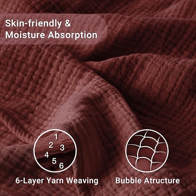 100% Cotton Muslin Blanket Twin 66" x 90", 6 Layers Breathable and Lightweight Cotton Blankets for Couch, Soft Cooling Summer Gauze Blanket for Adults All Season, Burgundy