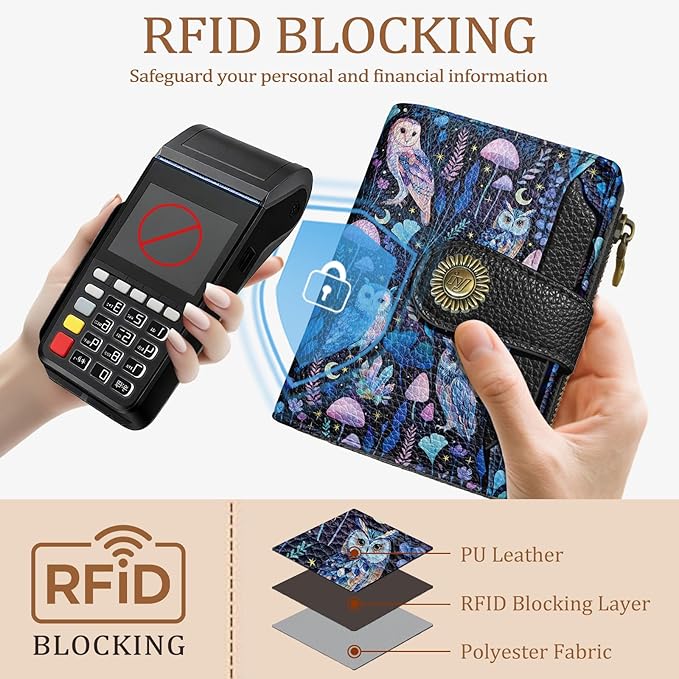 Icycay Owl Small Wallet Women RFID Blocking Bifold, Credit Card Holder, Zipper Coin Pocket, PU Leather, Magic, Compact, Travel, 4 ID Window, 14 Card Slots, Cash Purse, Ladies Woman Female Girls