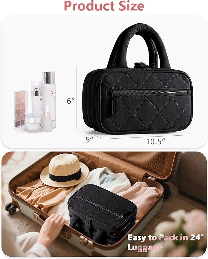 Travel Toiletry Bag for Women with Hanging Hook, Puffy Makeup Organizer with Brushes Slots for Bathroom, Shower and Beauty Essentials, Black