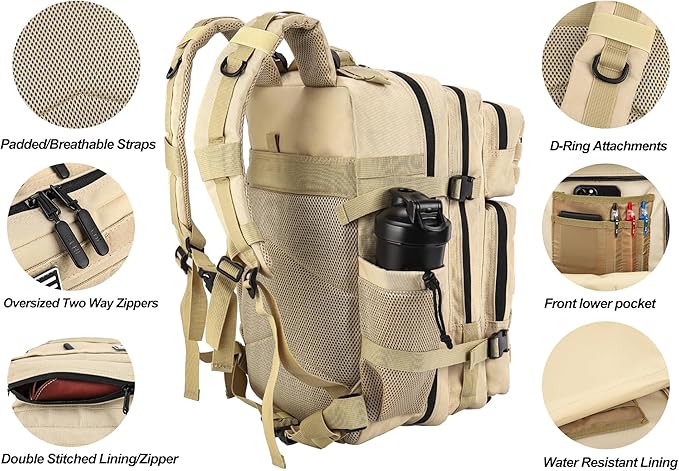 LHI Military Tactical Backpack for Men and Women 45L Army 3 Days Assault Pack Bag Large Rucksack with Molle System - Cream