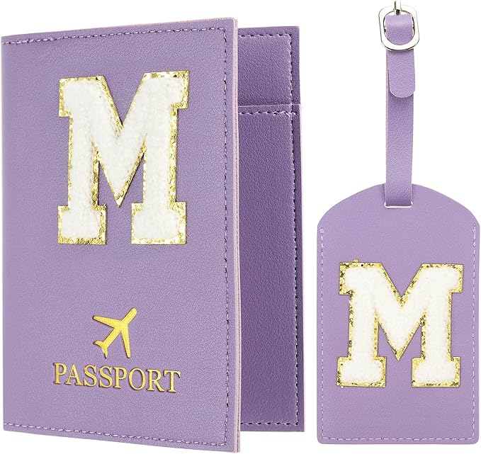 PATIKIL Passport Holder for Travel, Initial Passport Cover and Luggage Tag Set with Alphabet Chenille Letter Patch Travel Wallet Bag Suitcase Identifier for Women Family Travel Purple M