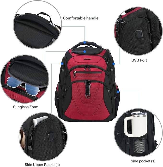 KROSER Friendly Travel Laptop Backpack 18.4 inch XXXL Gaming Backpack Water-Repellent College Daypack Business Backpack with RFID Pockets & USB Port for Men/Women-Black/Red