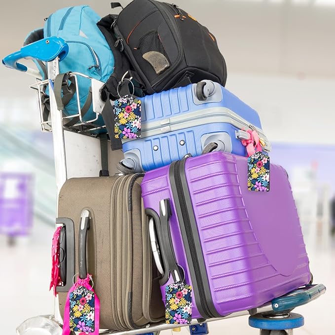 2Pack Luggage Tags for Suitcases, Cute Unique Pu Leather Cruise Luggage Tag with Privacy Cover ID Label Address Card and Metal Ring Suitable for Women Men Kids Travel Bag Colorful Flowers 1
