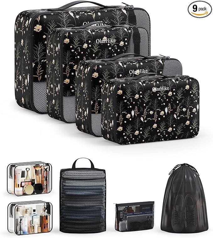 11 Set / 9 Set Packing Cubes for Travel,Gifts for Women Mom Kids,TSA Approved Bags for Makeup, Cosmetic, Toiletry, Organizers for Suitcase Carry On,Cruise Essentials Airplane Accessories,Black Floral