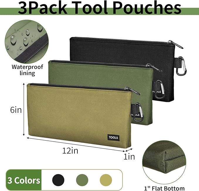 3 Pack Premium Tool Pouches Zipper Bag, Small Tools Bags with Carabiner, Heavy Duty Flat Bottom Utility Multipurpose Storage Organizer Bag for Tool, Stationary, Pencil