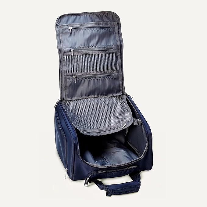 Amazon Basics Underseat Carry-On Luggage with Wheels and Handle, 14" Rolling Travel Bag, Fits Overhead Bins, Organized Compartments, Navy
