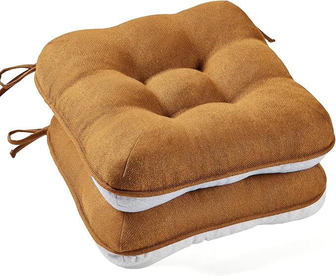 BETU Chair Cushions for Dining Chairs Set of 2,3.5" Thick Kitchen Table Chair Pads with Ties,Non Slip Backing and Covers, Seat Cushion for Dining Room,Bar,Patio Chairs,16"X16"X3.5",Caramel
