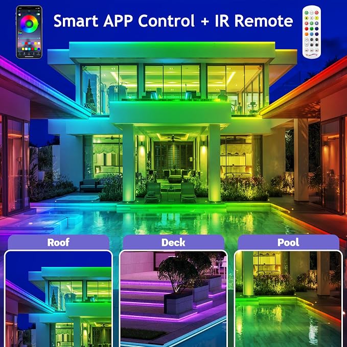 LETIANPAI 200ft Outdoor LED Strip Lights Waterproof, IP68 Outside Led Light Strips with App and Remote,Music Sync RGB Exterior Rope Self Adhesive Back for Deck,Balcony,Pool