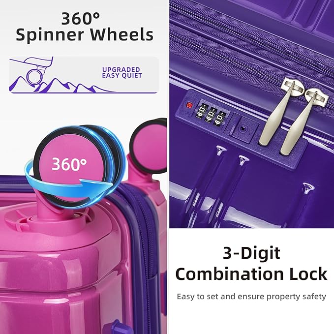 LARVENDER 28 Inch Checked Luggage with Spinner Wheels, PC+ABS Expandable Large Suitcases with Wheels, Travel Luggage sets for Women and Men, Midnight Berry