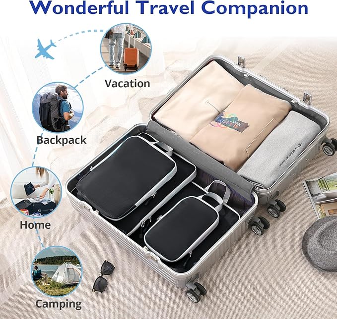Compression Packing Cubes, 10 Set Packing Cubes for Travel Compression, Lightweight Compressible Package Organizer for Carry On and Suitcases, Black and Grey
