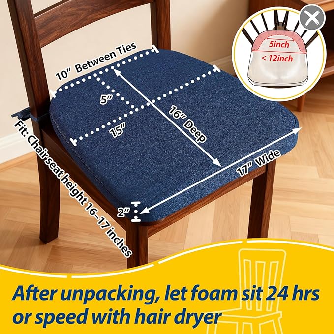 AAAAAcessories D-Shaped Chair Cushions, 2" Thick Dining Chair Pads with Ties and Removable, Machine-Washable Cover, 17" x 16", Set of 4, Blue