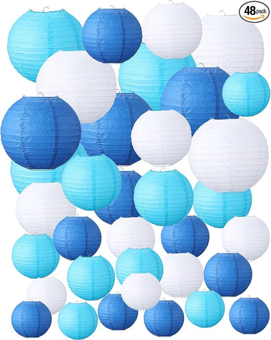 Treela 48 Pcs Paper Lanterns Party Decorations Round,Blue,White | Chinese Hanging Lamps, Wedding, Party Supplies, Birthday Bridal, 4/6/8/10 Inch, Easy Setup, Asian Decor, Festive Atmosphere