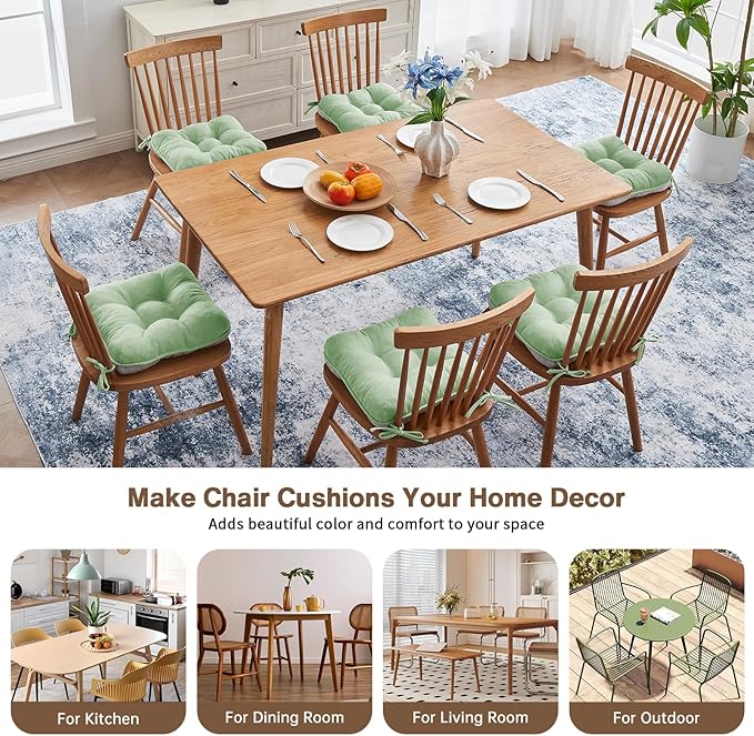 BETU Chair Cushions for Dining Chairs Set of 6,3.5" Thick Kitchen Table Chair Pads with Ties,Non Slip Backing and Covers, Home Decor Seat Cushion for Dining Room,Bar,Patio Chairs16"X16"X3.5"Sage Green