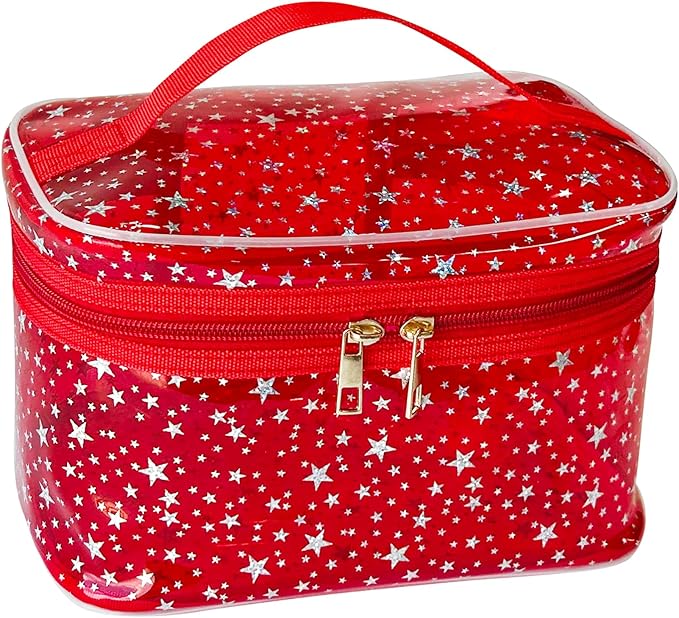 Star Print Red PVC Makeup Bag with Handle - 8.66 * 5.51 * 5.51 inch,Clear Storage Bag Toiletry Pocket Portable Zippered Pouch Waterproof Cosmetic Organizer Bags for Women (Red-L)