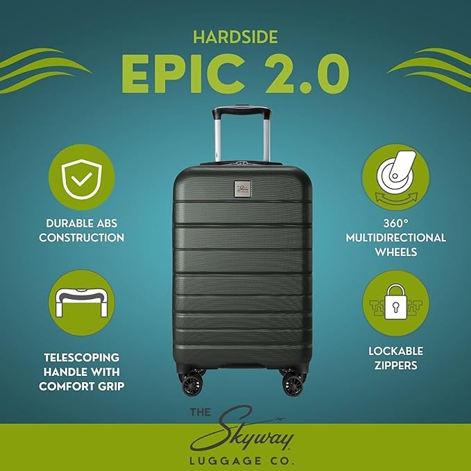Skyway Epic 2.0 Hardside Lightweight and Durable ABS Shell Luggage, Spacious with 8-Wheel Spinners, Comfort Grip with Telescoping Handle, Men and Women, Thyme, 2-Piece Set (20,24)