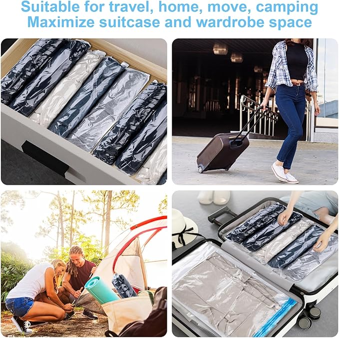 10 PCS Compression Bags for Travel Essentials, 3 Sizes Space Saver Bags, No Vacuum or Pump Needed, Roll Up Vacuum Packing for Clothing Storage, Cruise Accessories, Luggage & Home Organizers