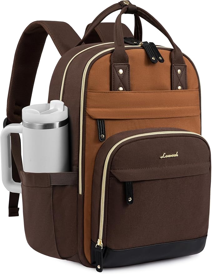 LOVEVOOK Laptop Backpack for Women with Giant Tumbler Holder Pocket,15.6 inch School College Book Bag Nurse Teacher Backpack,Work Travel Backpack Laptop Computer Bag,Brown-Yellowish-brown-Coffee brown