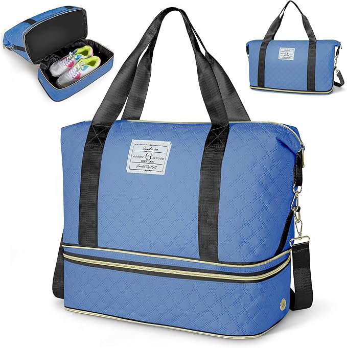 Geestock Travel Duffel Bag, Weekender Bags for Women, Carry on Overnight Bag with Shoe Compartment & Trolley Sleeve, Personal Item Travel Bags with Storage Pouch for Travel, Yoga, Gym, Hospital, Blue