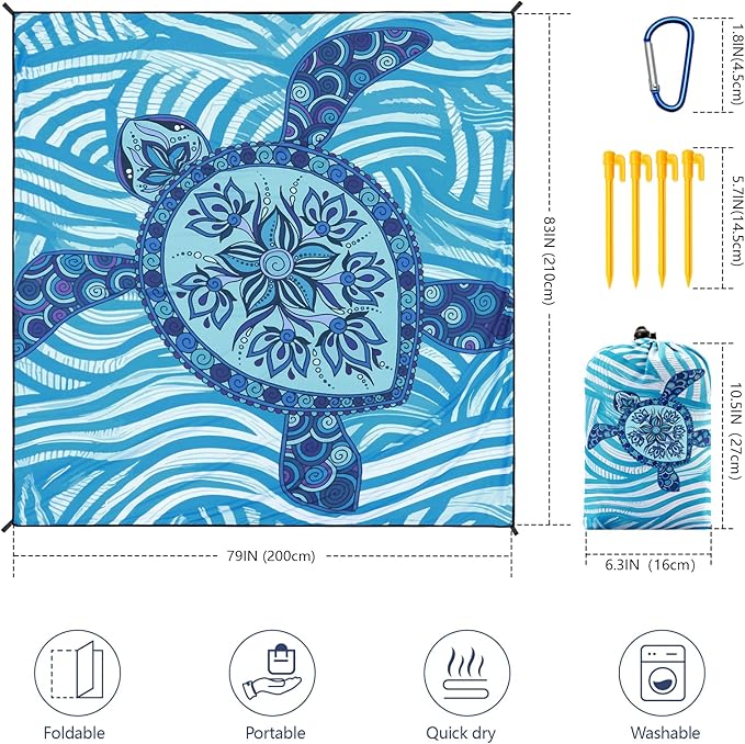 Beach Blanket Sandproof Extra Large Beach Mat Adults Waterproof Quick Drying Sand Free Mat Made by Premium Polyester with 4 Stakes & 4 Corner Pockets for Outdoor Travel Camping Hiking