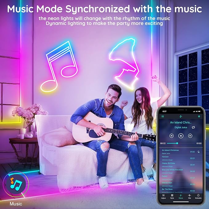 FBZ 32.8Ft Led Rope Lights, Flexible Neon Lights Control with App/Remote, Multiple Modes, IP65 Outdoor RGB Waterproof, Music Sync Gaming Light Strip for Bedroom Decor