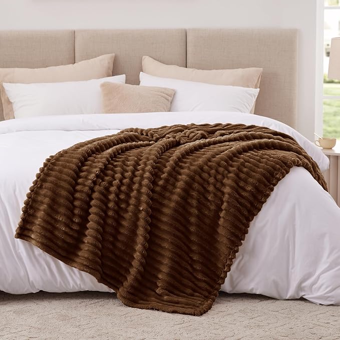 EXQ Home Fleece Throw Blanket for Couch or Bed - 3D Stripe Jacquard Decorative Blankets - Cozy Soft Lightweight Fuzzy Flannel Blanket Suitable for All Seasons(50"×60",Brown)