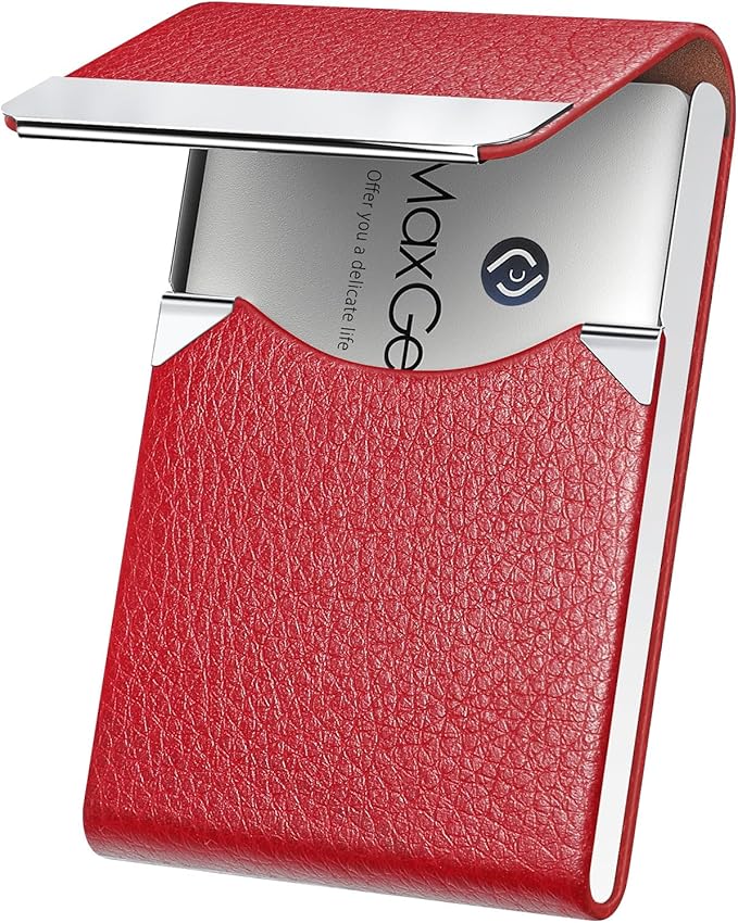 MaxGear Business Card Holder, Slim PU Leather & Stainless Steel Business Card Case for Men & Women, RFID Blocking Name Card Holder with Magnetic Closure, Red