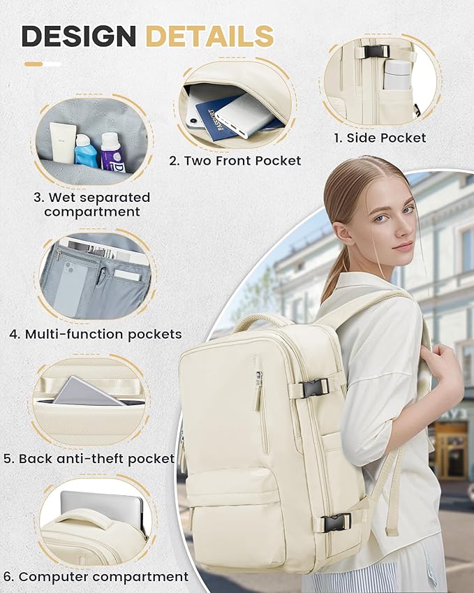 VECAVE Vacuum Travel Backpack with Pump for Women,Airback Personal Item Carry on Backpacks Flight Approved 18x14x8 inches for Men,Laptop Waterproof Work Compression bags Casual Daypack. (Beige)